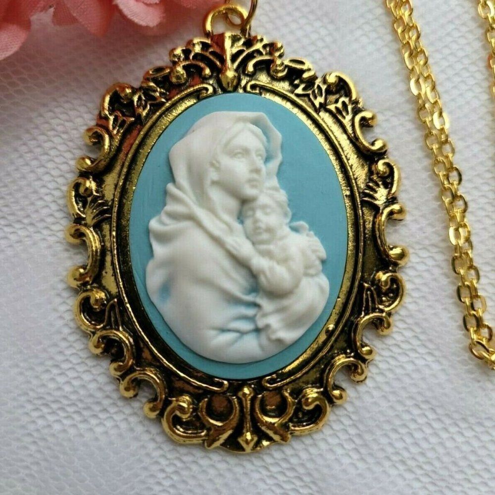 Blue Cameo Gold Mary Jesus Mother Son Necklace